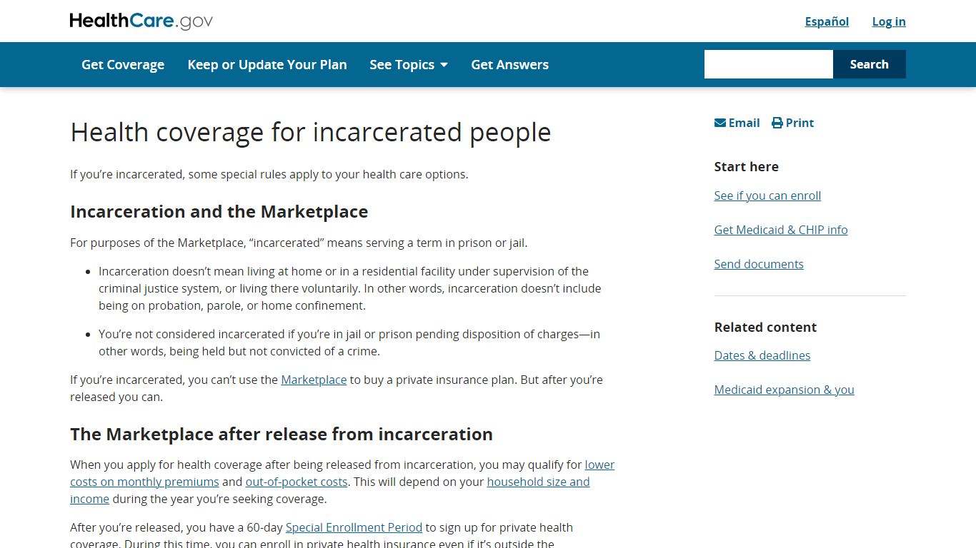 Health coverage options for incarcerated people | HealthCare.gov